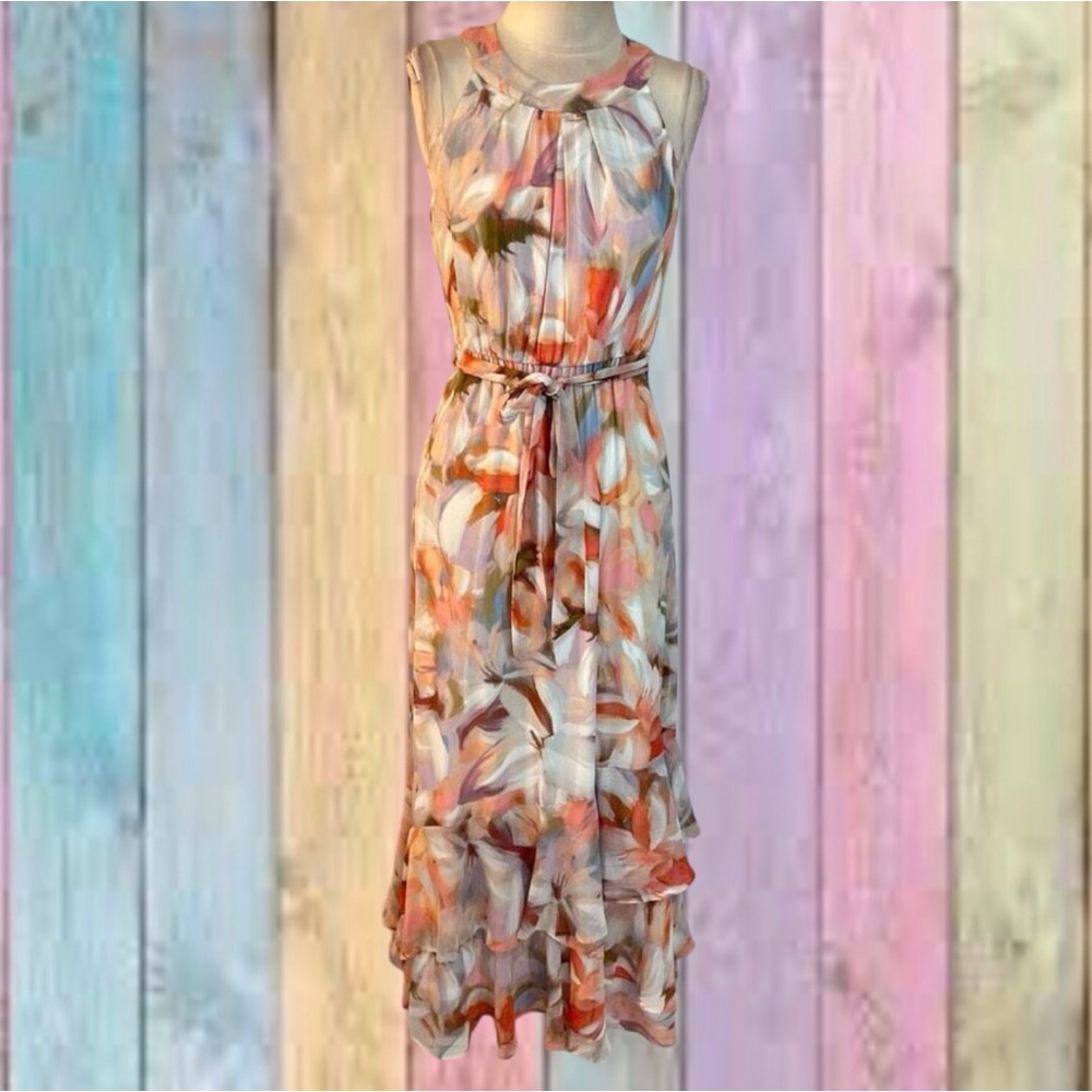 Calvin Klein Beige Tan Floral Halter Chiffon Ruffle Tiered Maxi Dress